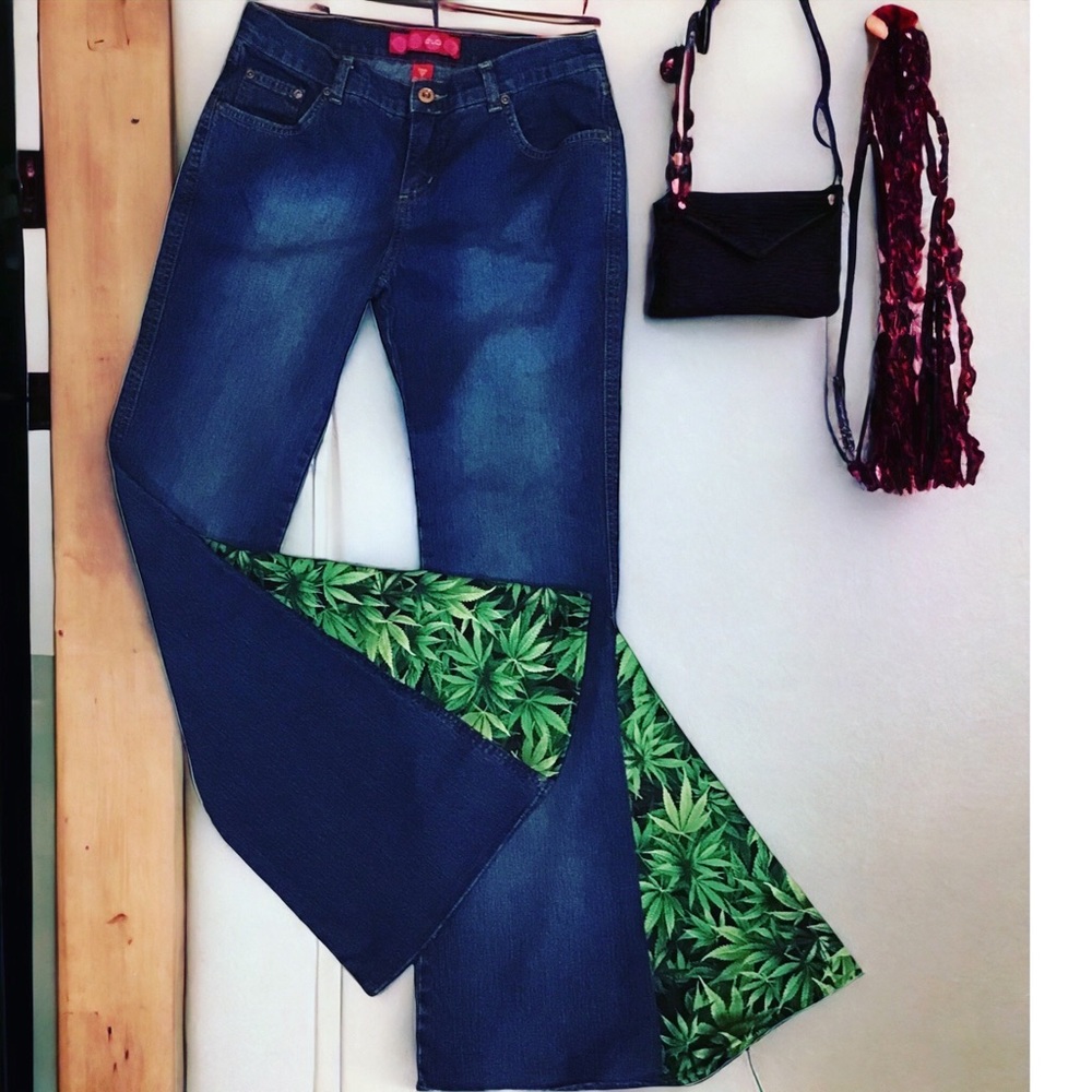 Ladies Upcycled Cannabis Bell Bottom Jeans / Size 6 / Sustainable Fashion